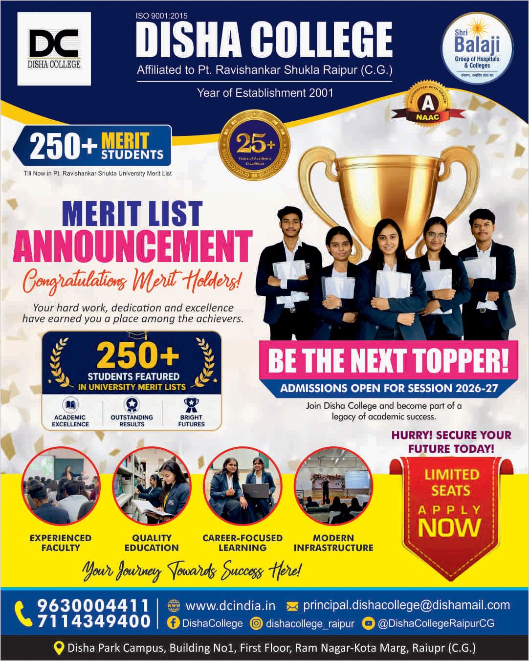 Best Graduation College in Raipur | Disha College Merit List 2026 & Admissions Open